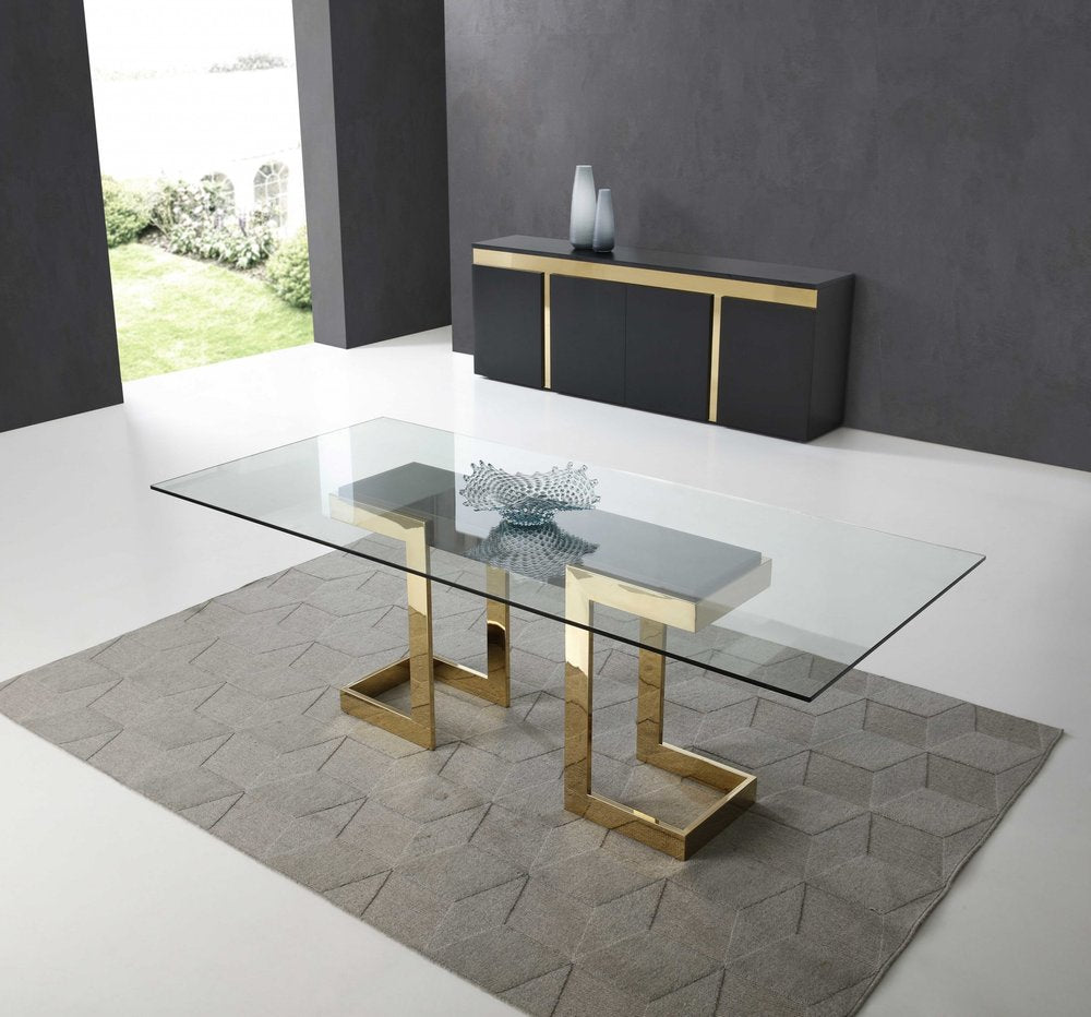 87" Clear And Gold Glass And Stainless Steel Double Pedestal Base Dining Table HomeRoots