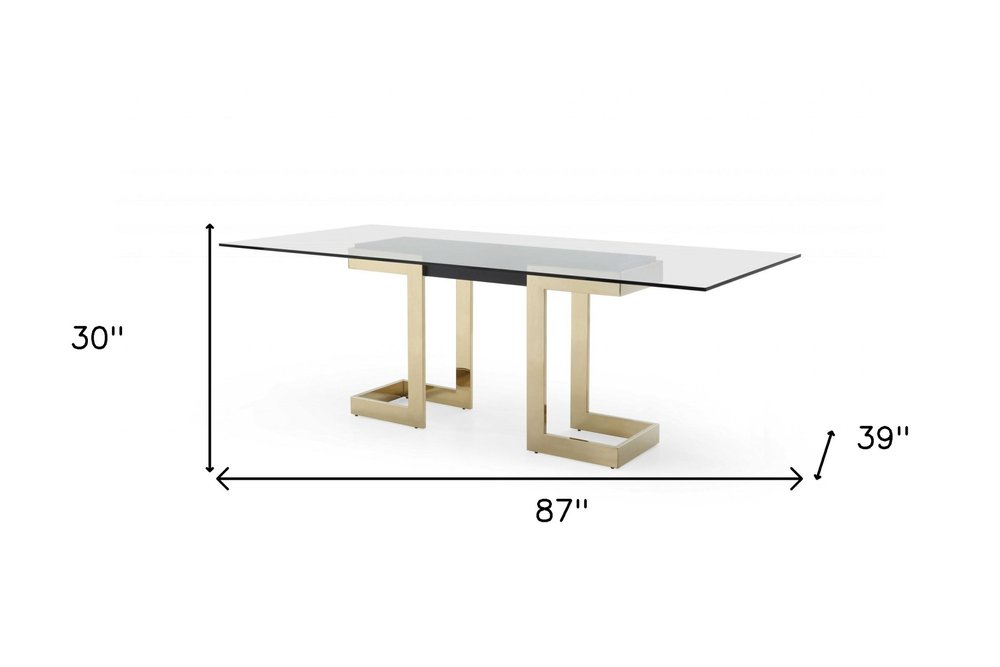87" Clear And Gold Glass And Stainless Steel Double Pedestal Base Dining Table HomeRoots