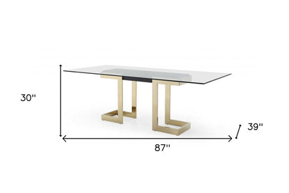 87" Clear And Gold Glass And Stainless Steel Double Pedestal Base Dining Table HomeRoots