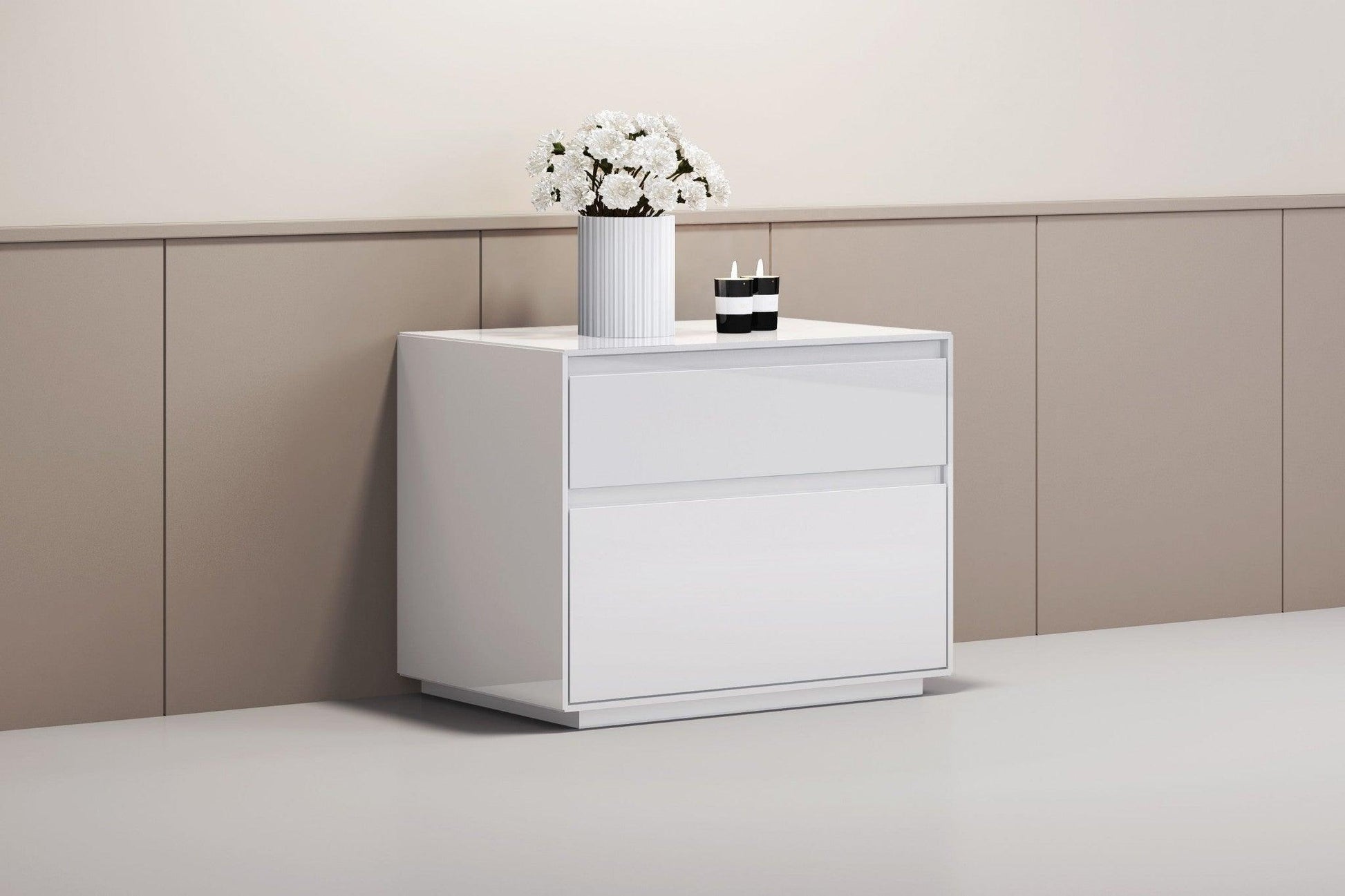 Simplistic White Gloss 2 Drawer Nightstand - FurniFindUSA