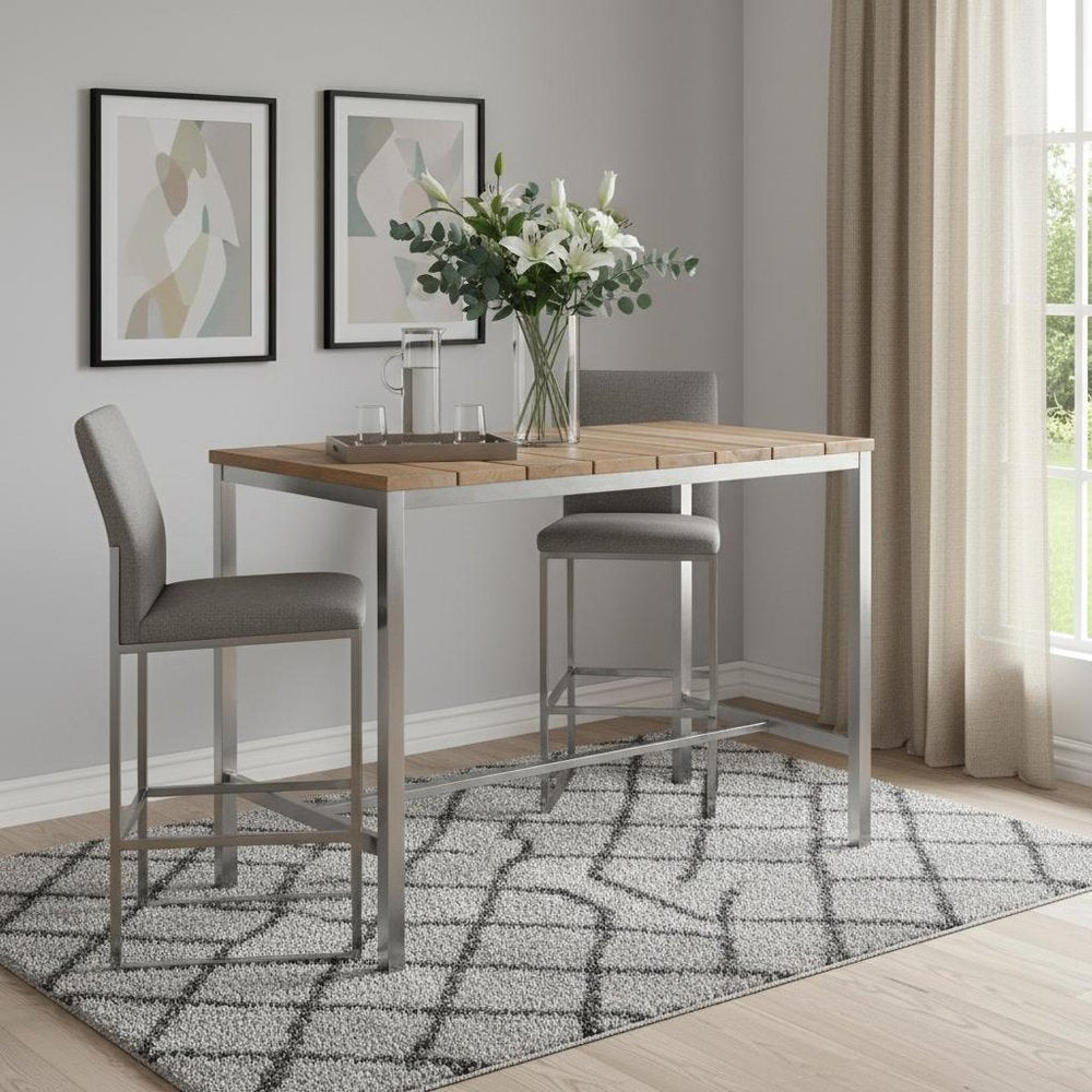 55" Wood Brown And Silver Solid Wood And Stainless Steel Dining Table HomeRoots