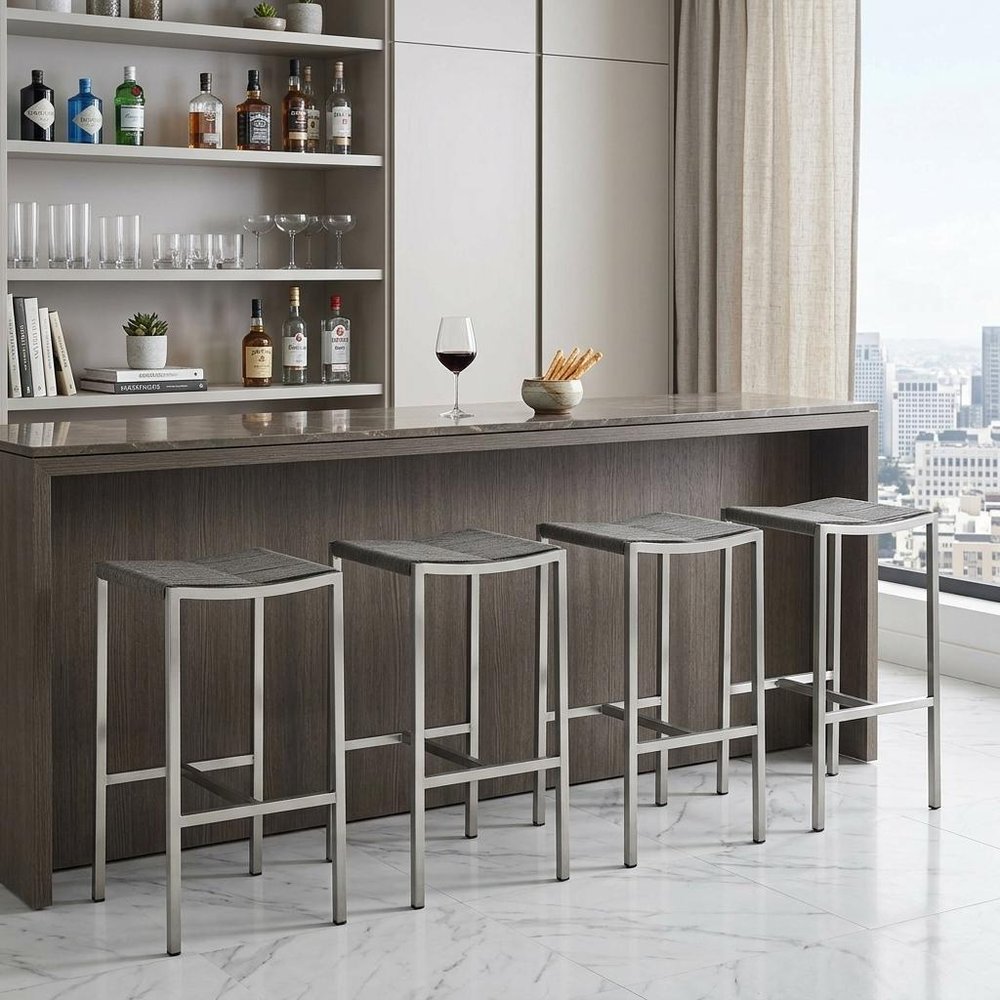 Set of Four 28" Brown and Silver Iron and Steel Backless Counter Height Bar Chairs HomeRoots