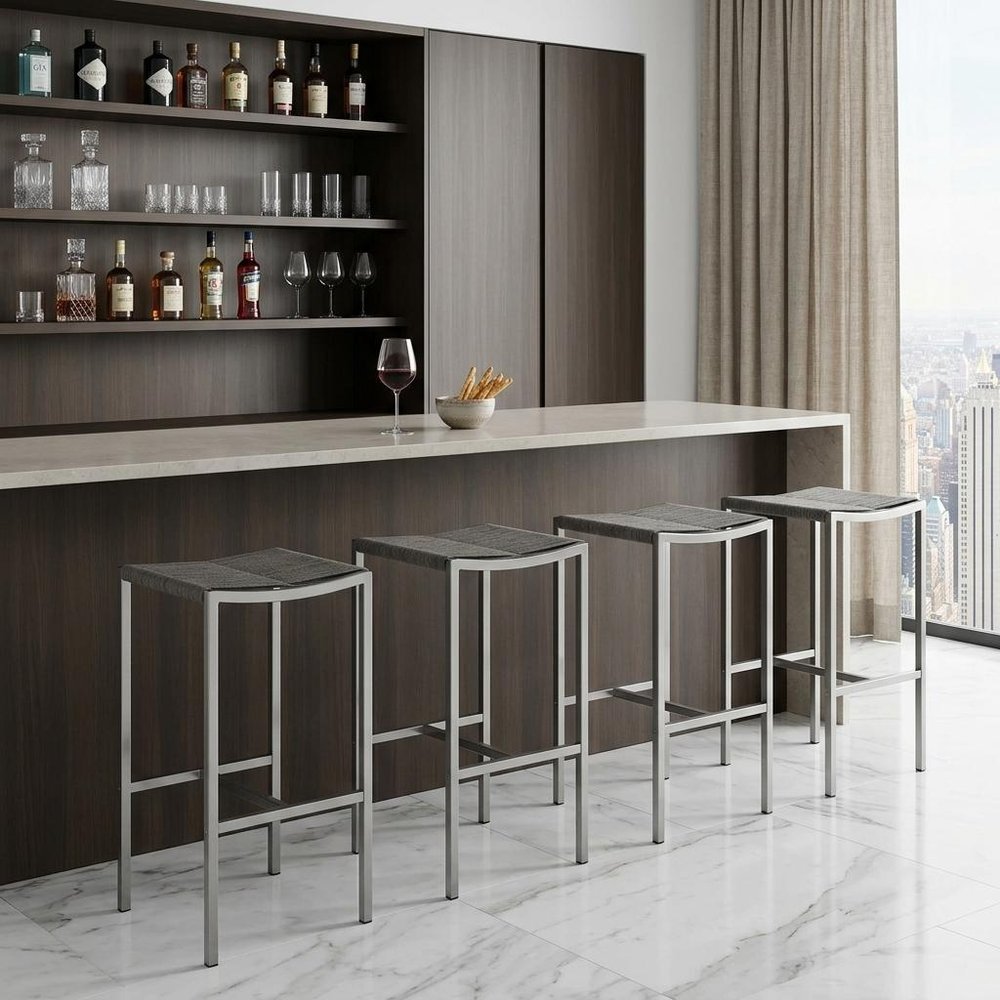 Set of Four 28" Brown And Silver Iron And Steel Backless Counter Height Bar Chairs — view 13