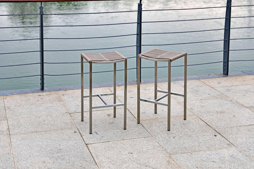 Set of Four 28" Brown And Silver Iron And Steel Backless Counter Height Bar Chairs — view 3