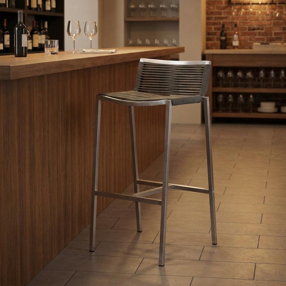 28" Brown And Silver Iron And Steel Low Back Bar Height Bar Chair — view 9