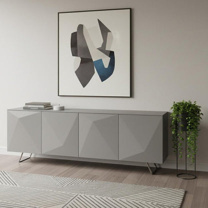 94" Gray Wood And Glass Carved Geometric Sideboard HomeRoots