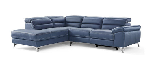 Navy Blue Top Grain Leather Reclining L Shaped Two Piece Sofa and Chaise Sectional - FurniFindUSA