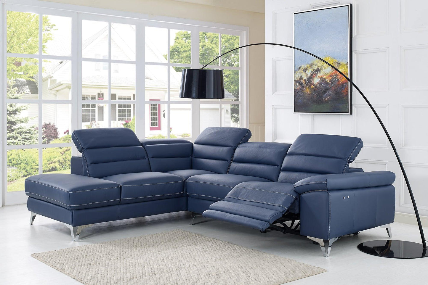 Navy Blue Top Grain Leather Reclining L Shaped Two Piece Sofa and Chaise Sectional - FurniFindUSA