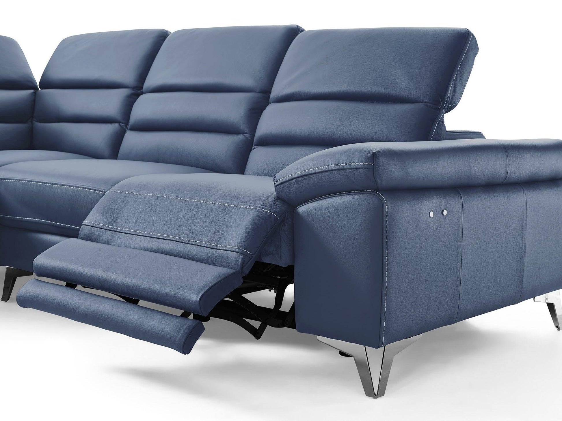 Navy Blue Top Grain Leather Reclining L Shaped Two Piece Sofa and Chaise Sectional - FurniFindUSA