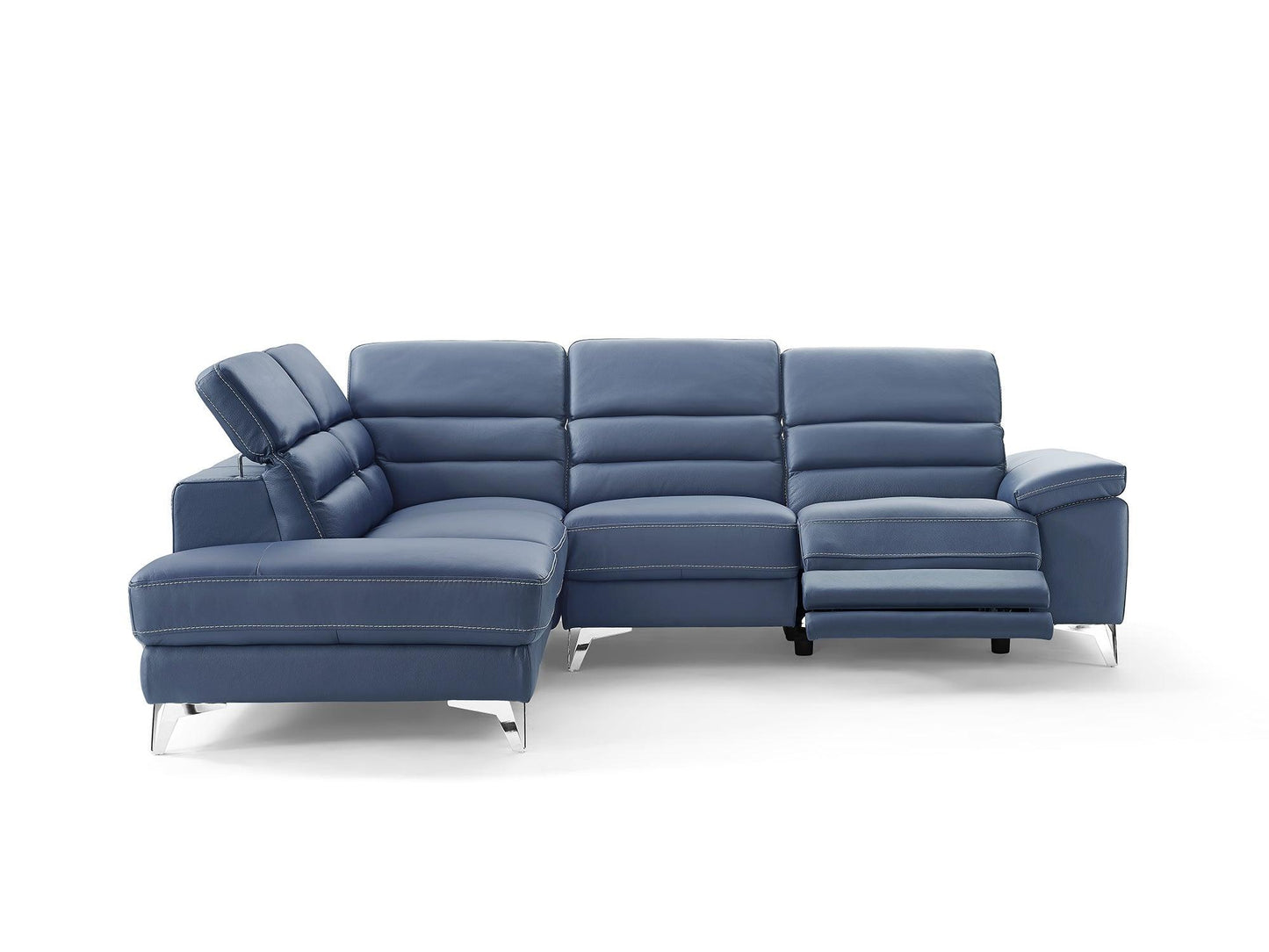 Navy Blue Top Grain Leather Reclining L Shaped Two Piece Sofa and Chaise Sectional - FurniFindUSA