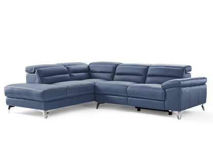 Navy Blue Top Grain Leather Reclining L Shaped Two Piece Sofa and Chaise Sectional - FurniFindUSA