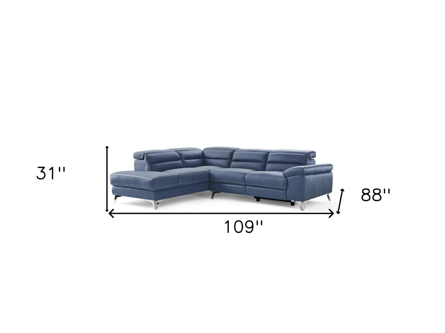 Navy Blue Top Grain Leather Reclining L Shaped Two Piece Sofa and Chaise Sectional - FurniFindUSA