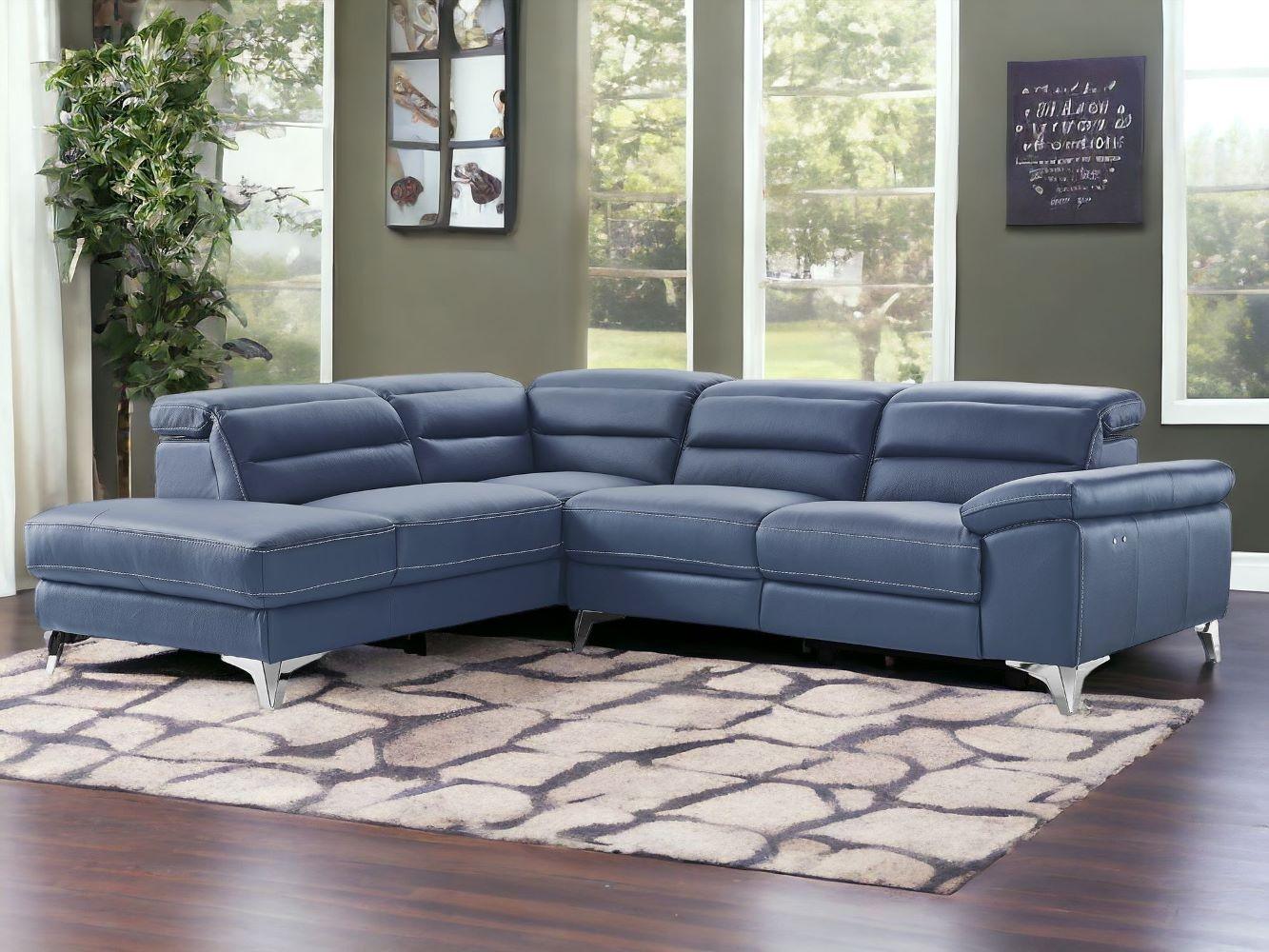 Navy Blue Top Grain Leather Reclining L Shaped Two Piece Sofa and Chaise Sectional - FurniFindUSA