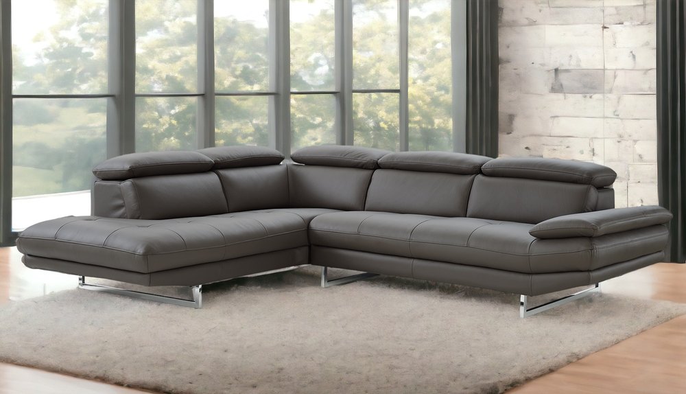 Dark Gray Genuine Leather L Shaped Two Piece Sofa and Chaise Sectional HomeRoots