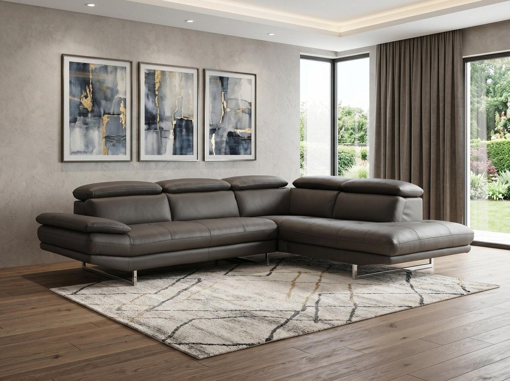 Dark Gray Genuine Leather L Shaped Two Piece Sofa and Chaise Sectional HomeRoots
