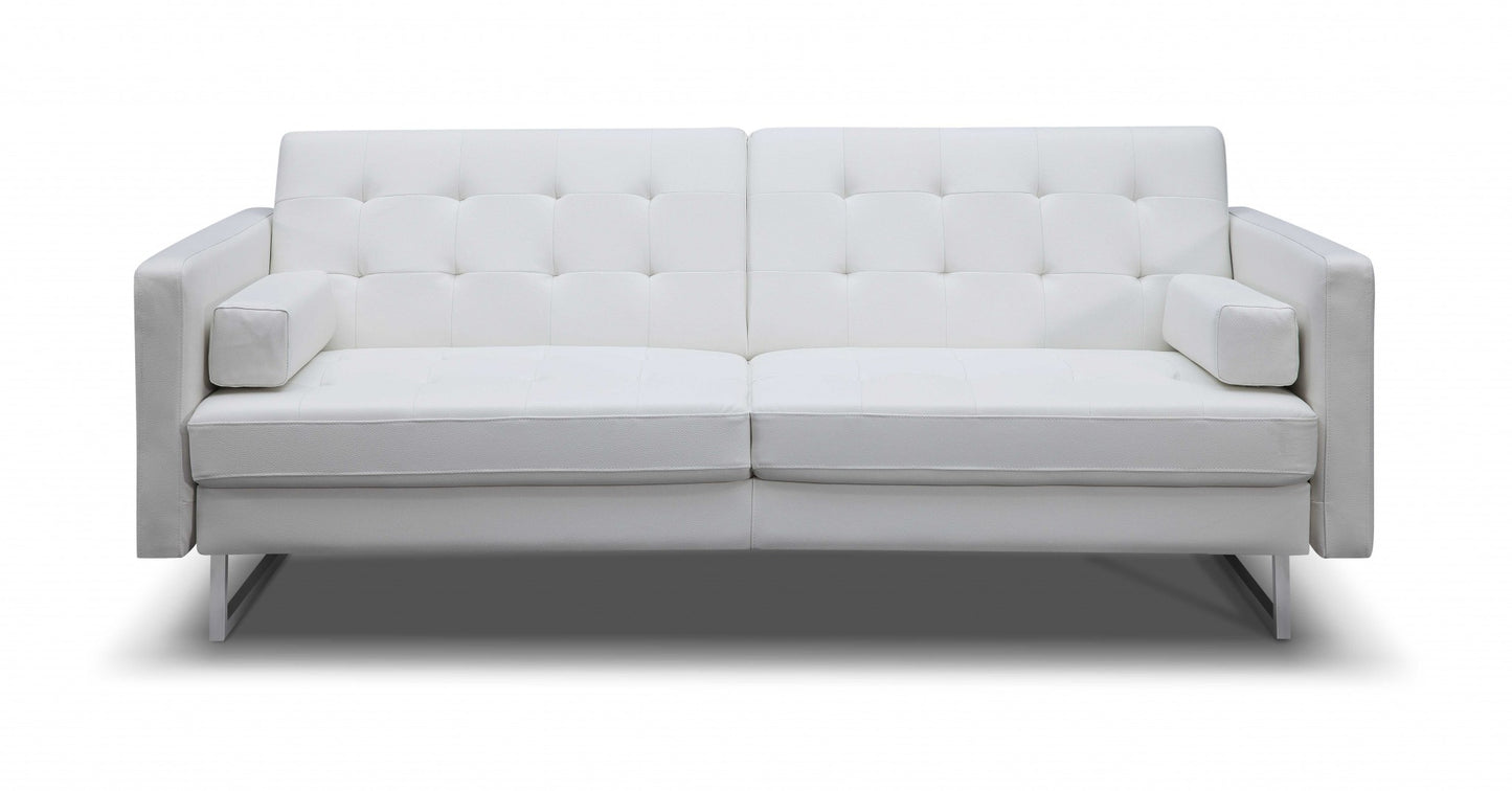 80" White Faux Leather Sleeper Sofa With Silver Legs