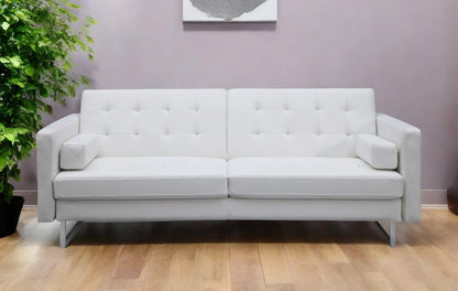80" White Faux Leather Sleeper Sofa With Silver Legs HomeRoots