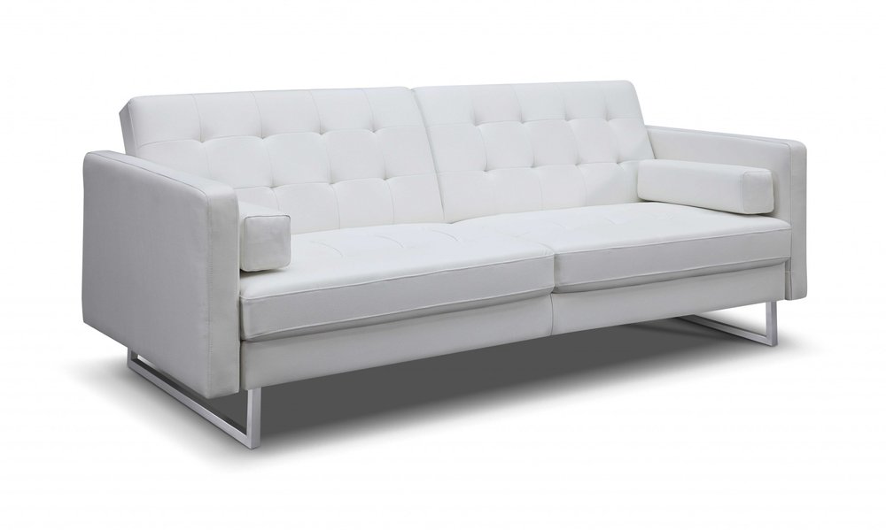 80" White Faux Leather Sleeper Sofa With Silver Legs HomeRoots