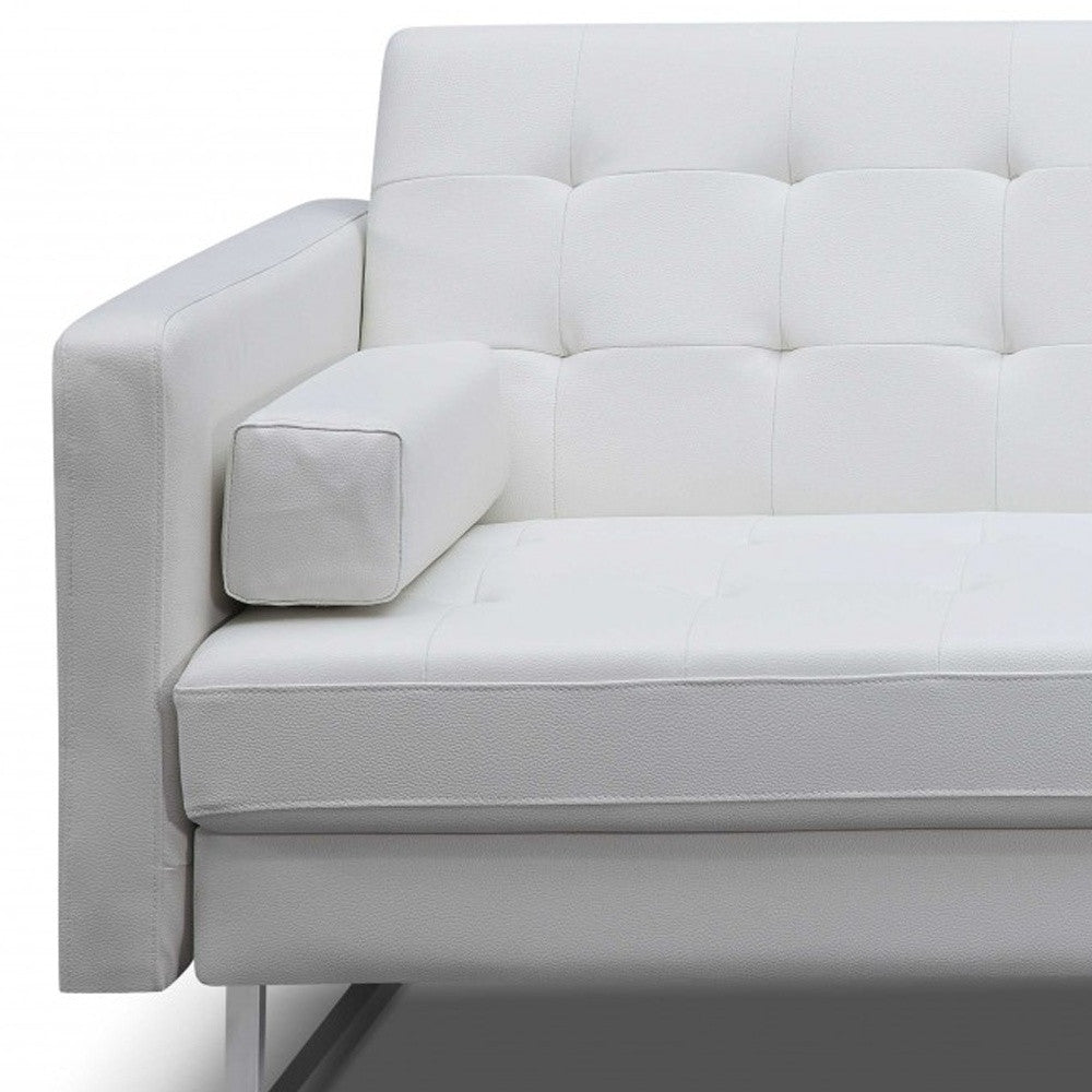 80" White Faux Leather Sleeper Sofa With Silver Legs