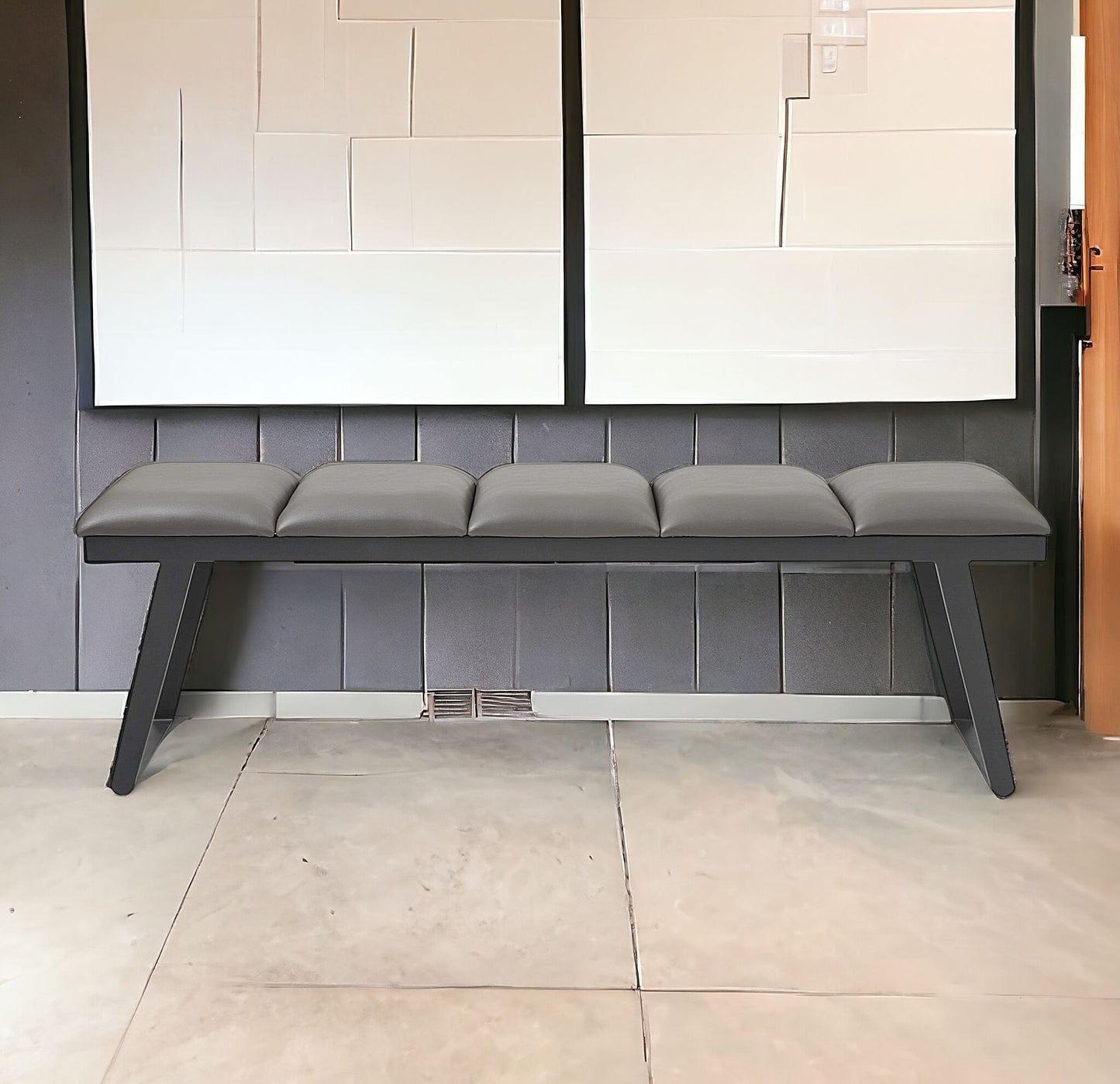 57" Gray Upholstered Faux Leather Bench