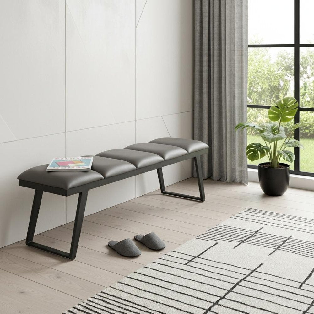57" Gray Upholstered Faux Leather Bench HomeRoots