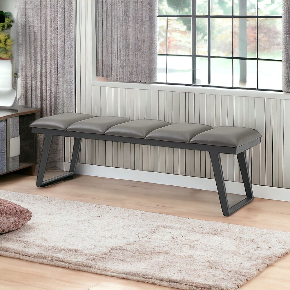 57" Gray Upholstered Faux Leather Bench HomeRoots