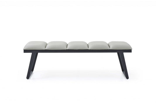 57" Light Gray And Black Faux Leather And Steel Upholstered Bench