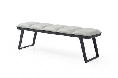 57" Light Gray and Black Upholstered Faux Leather Bench