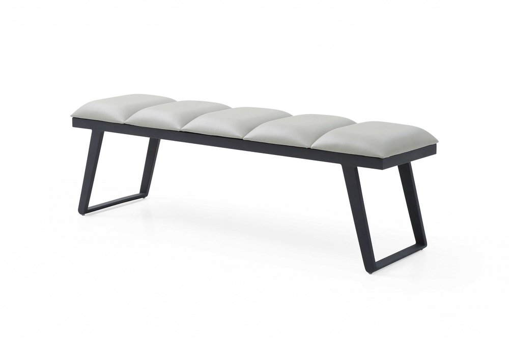 57" Light Gray and Black Upholstered Faux Leather Bench HomeRoots