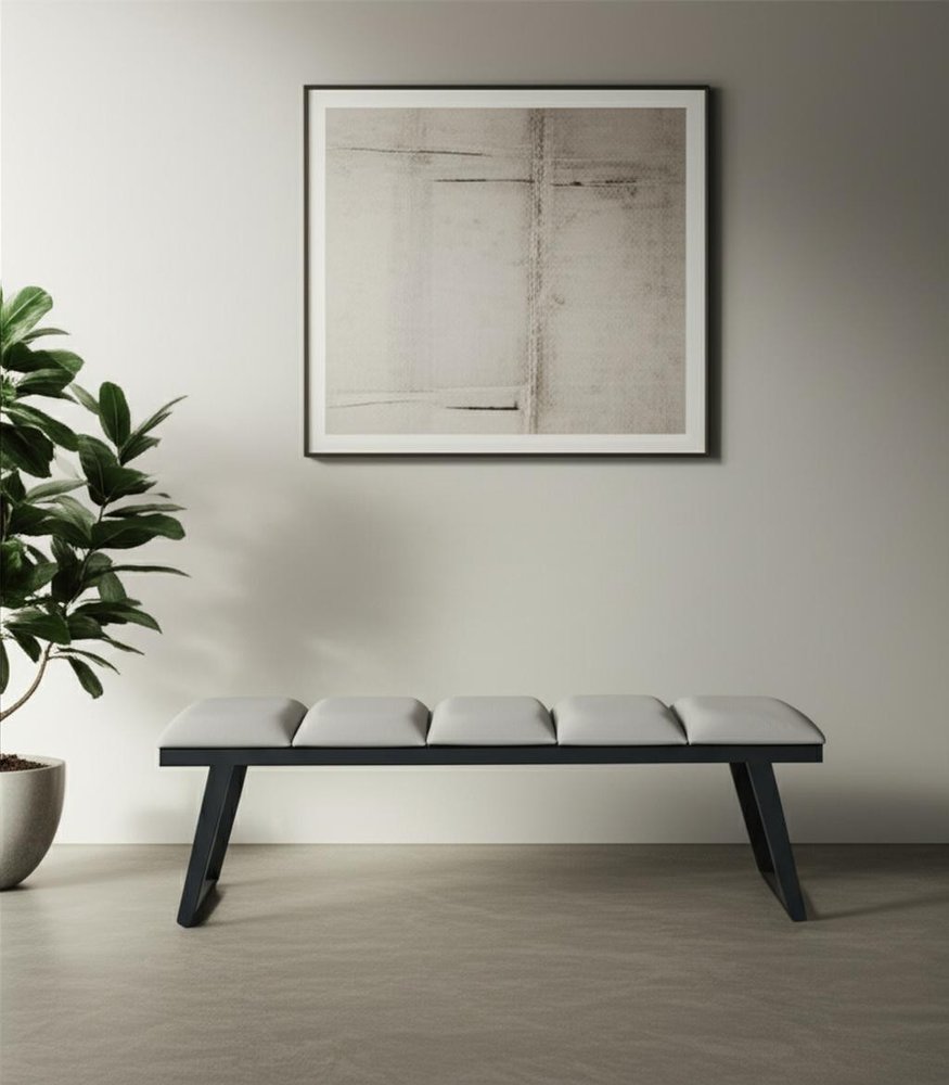 57" Light Gray and Black Upholstered Faux Leather Bench HomeRoots