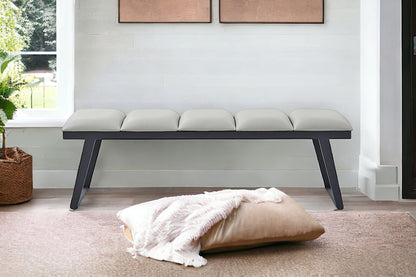 57" Light Gray and Black Upholstered Faux Leather Bench