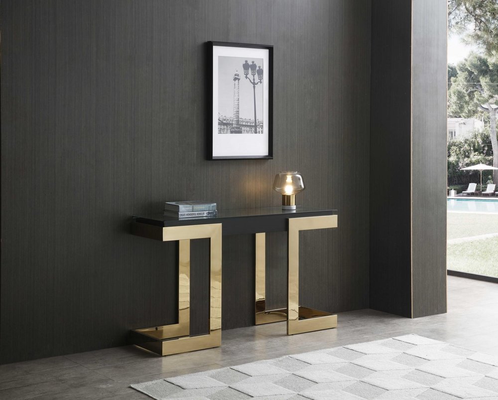 52" Black and Gold Glass Pedestal Console Table HomeRoots
