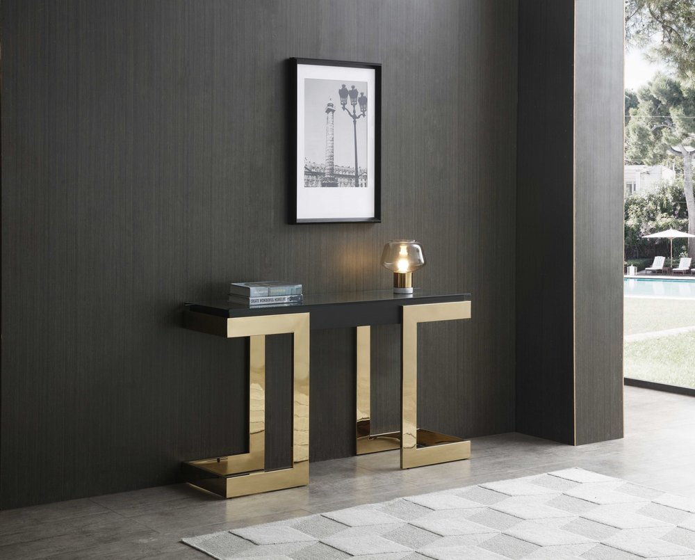 52" Black and Gold Glass Pedestal Console Table HomeRoots