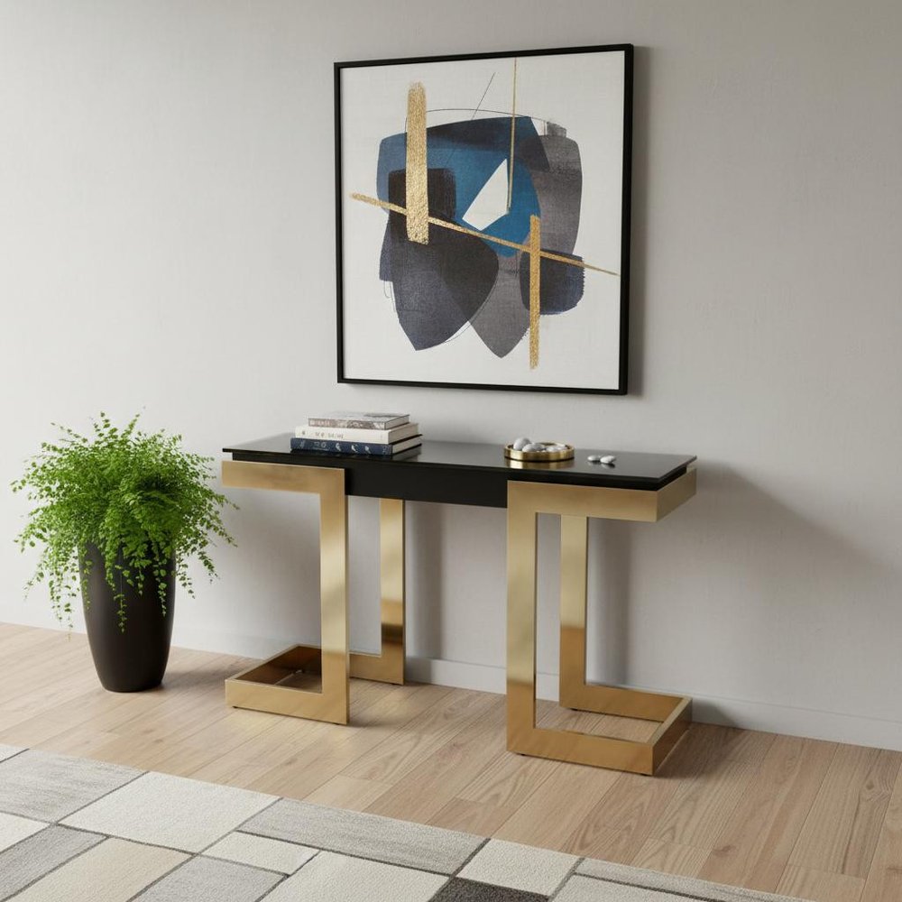 52" Black and Gold Glass Pedestal Console Table HomeRoots