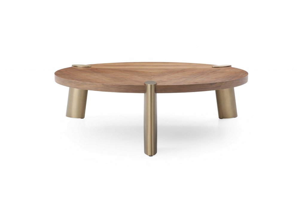 55" Brown and Gold Wood And Stainless Steel Round Coffee Table HomeRoots