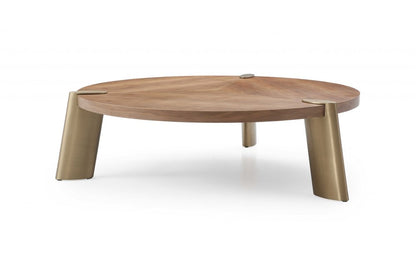 55" Brown and Gold Wood And Stainless Steel Round Coffee Table HomeRoots