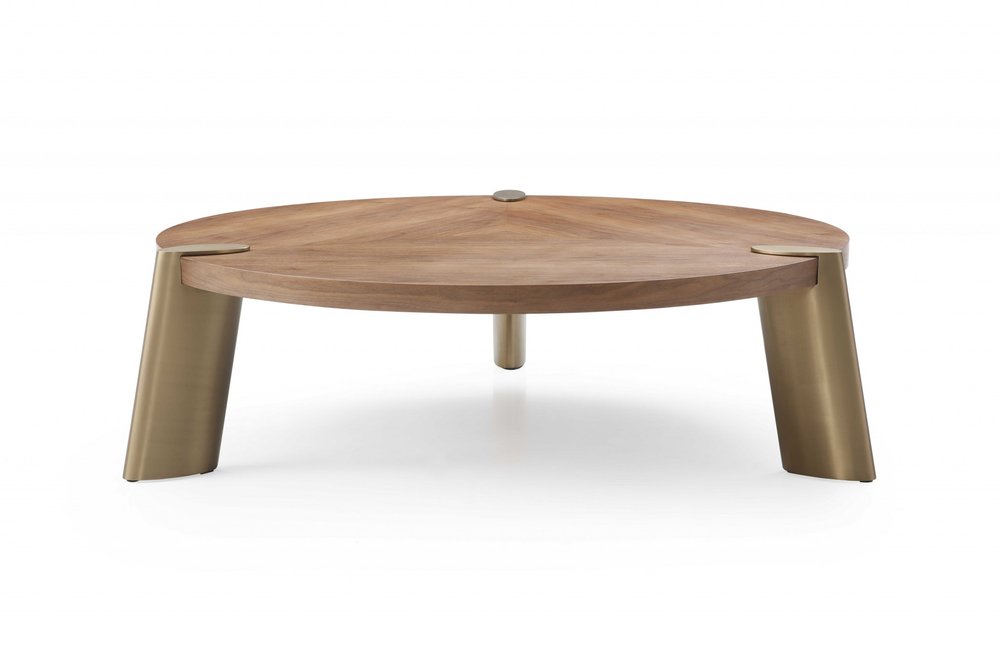 55" Brown and Gold Wood And Stainless Steel Round Coffee Table HomeRoots