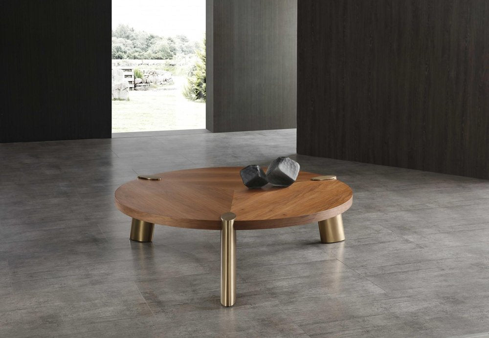 55" Brown and Gold Wood And Stainless Steel Round Coffee Table HomeRoots