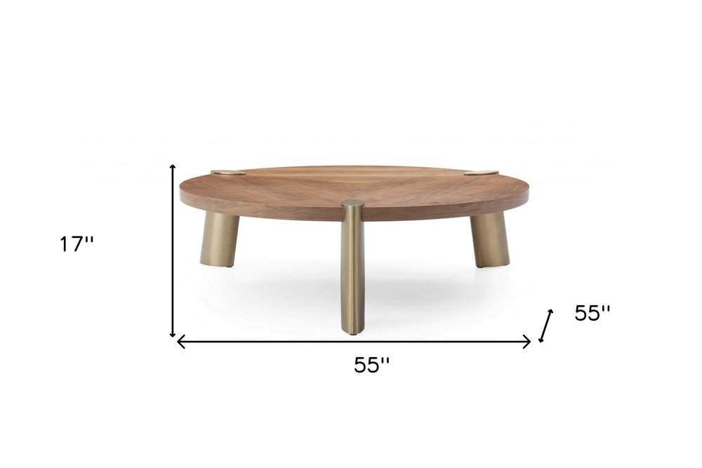 55" Brown and Gold Wood And Stainless Steel Round Coffee Table HomeRoots