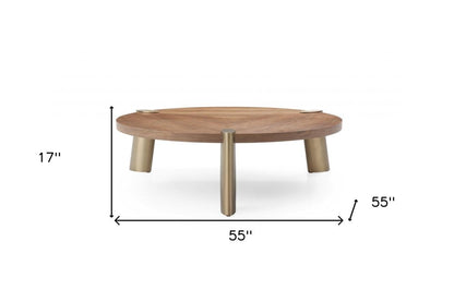 55" Brown and Gold Wood And Stainless Steel Round Coffee Table HomeRoots