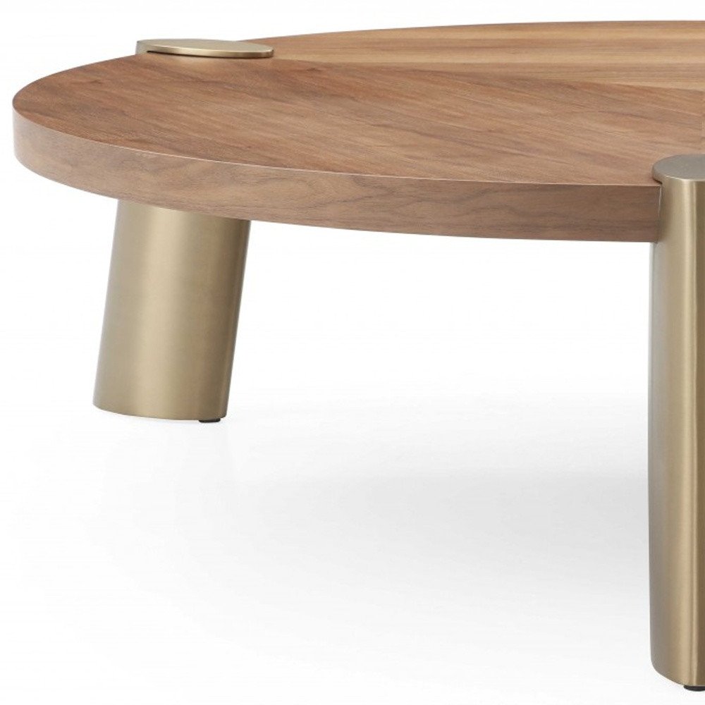 55" Brown and Gold Wood And Stainless Steel Round Coffee Table HomeRoots