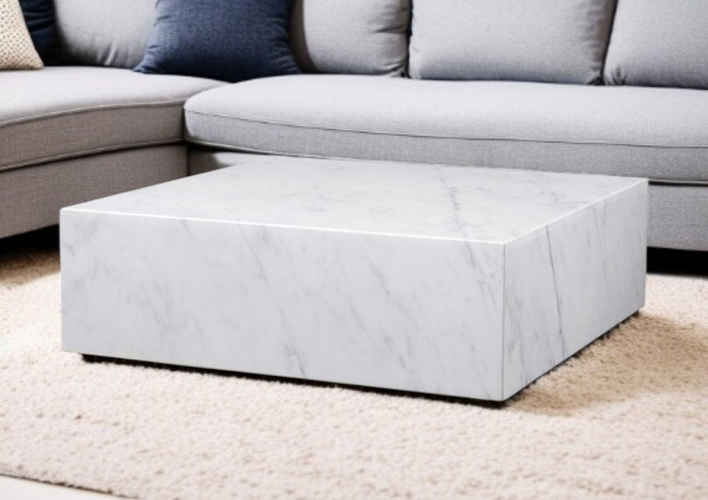 35" White Genuine Marble And Brass Square Coffee Table HomeRoots