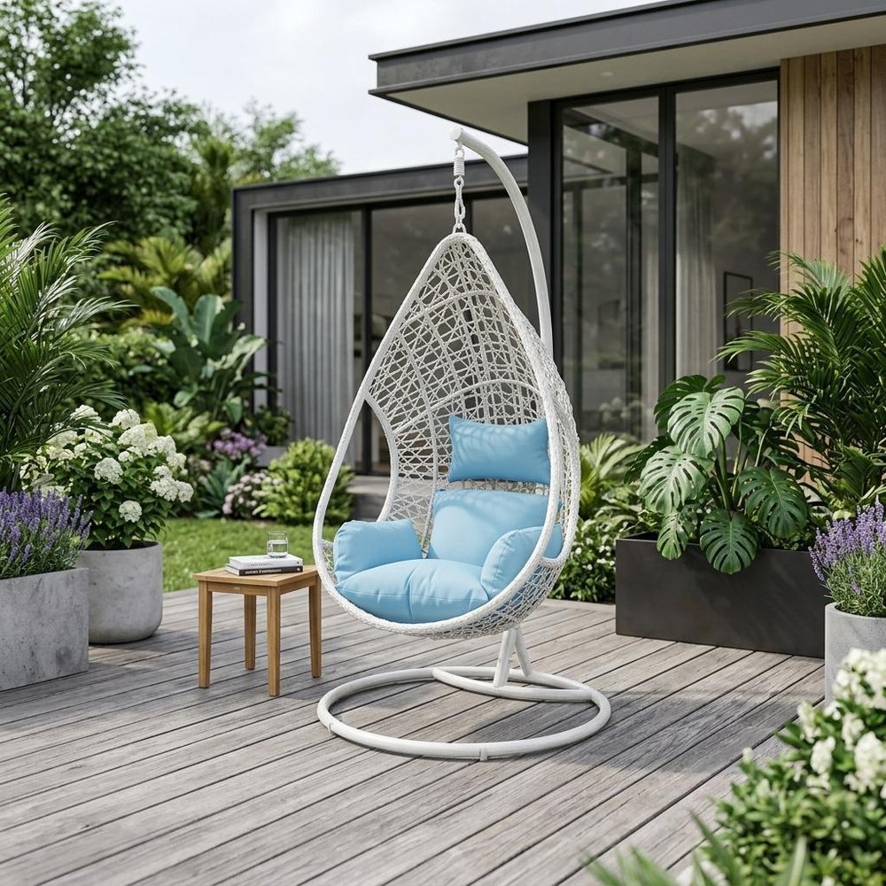 40" Blue and Steel stand finished Metal Outdoor Swing Chair with Blue Cushion HomeRoots