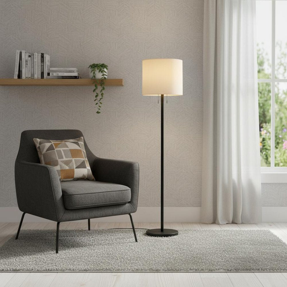 60" Black And White Floor Lamp With White Fabric Drum Shade HomeRoots