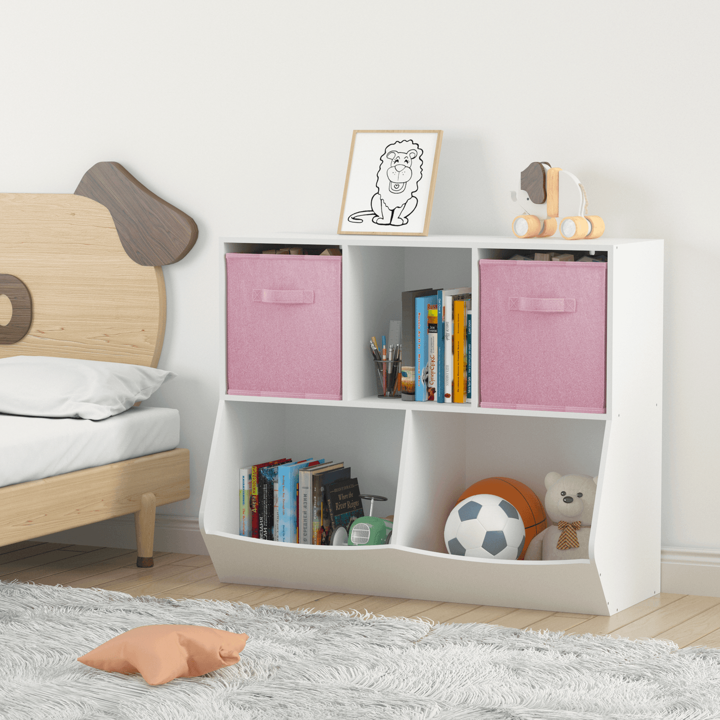 Kids Bookcase with Collapsible Fabric Drawers Children's Toy Storage Cabinet for Playroom White/Pink - FurniFindUSA