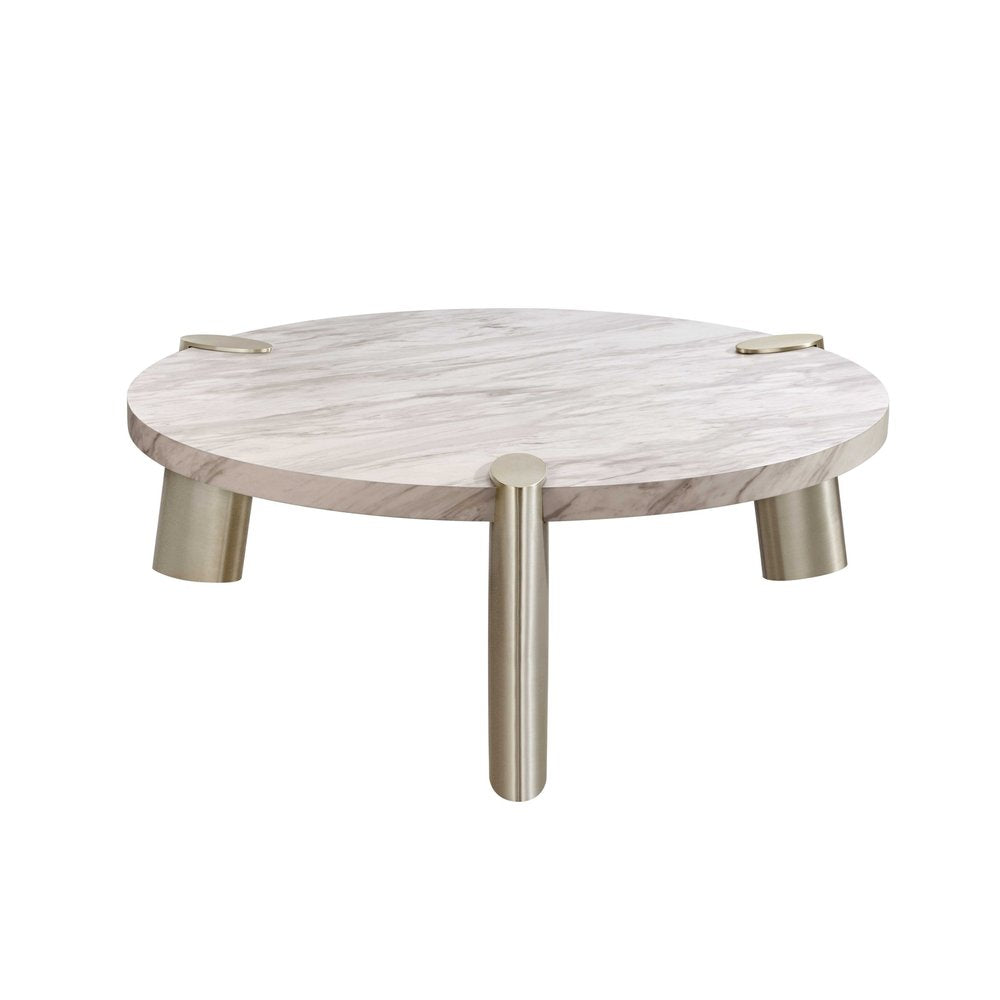 48" White and Silver Marble and Stainless Steel Round Coffee Table HomeRoots