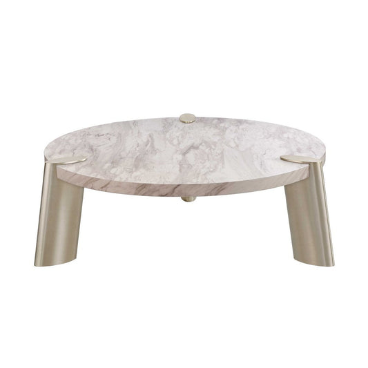 48" White and Silver Marble and Stainless Steel Round Coffee Table HomeRoots