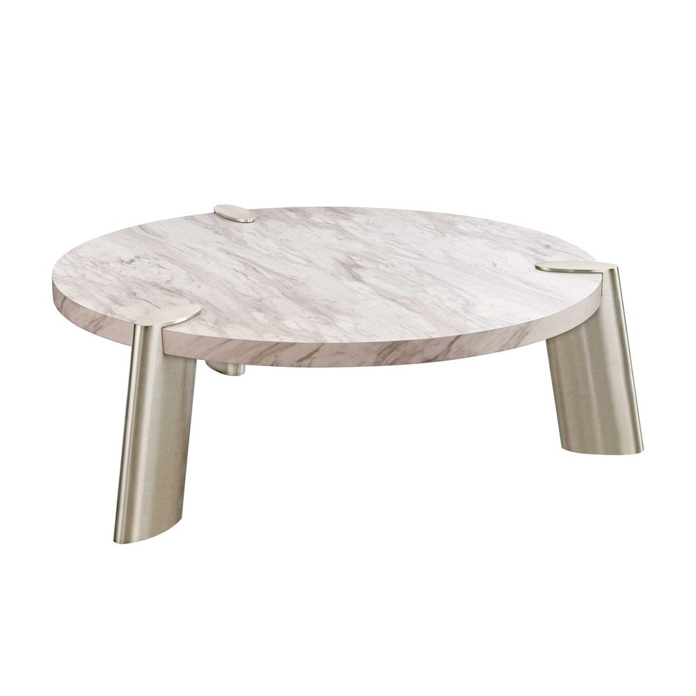 48" White and Silver Marble and Stainless Steel Round Coffee Table HomeRoots