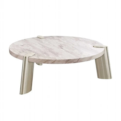 48" White and Silver Marble and Stainless Steel Round Coffee Table HomeRoots