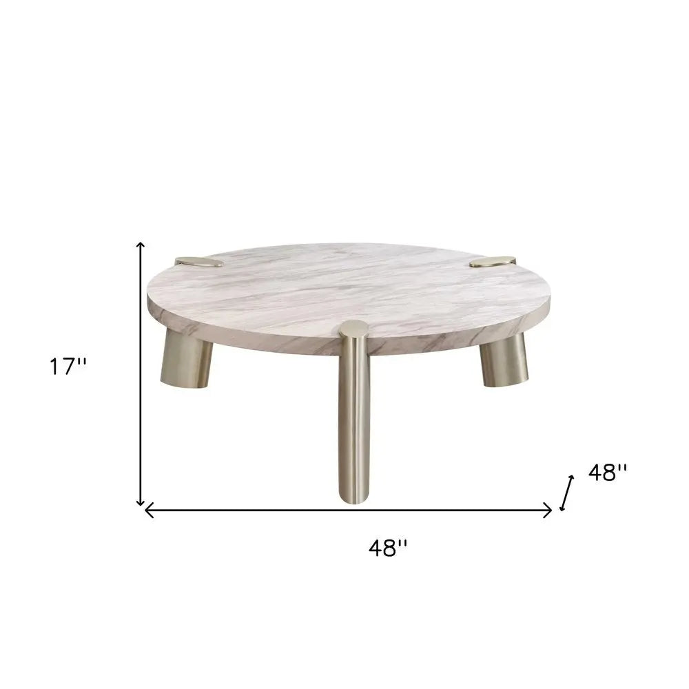 48" White and Silver Marble and Stainless Steel Round Coffee Table HomeRoots